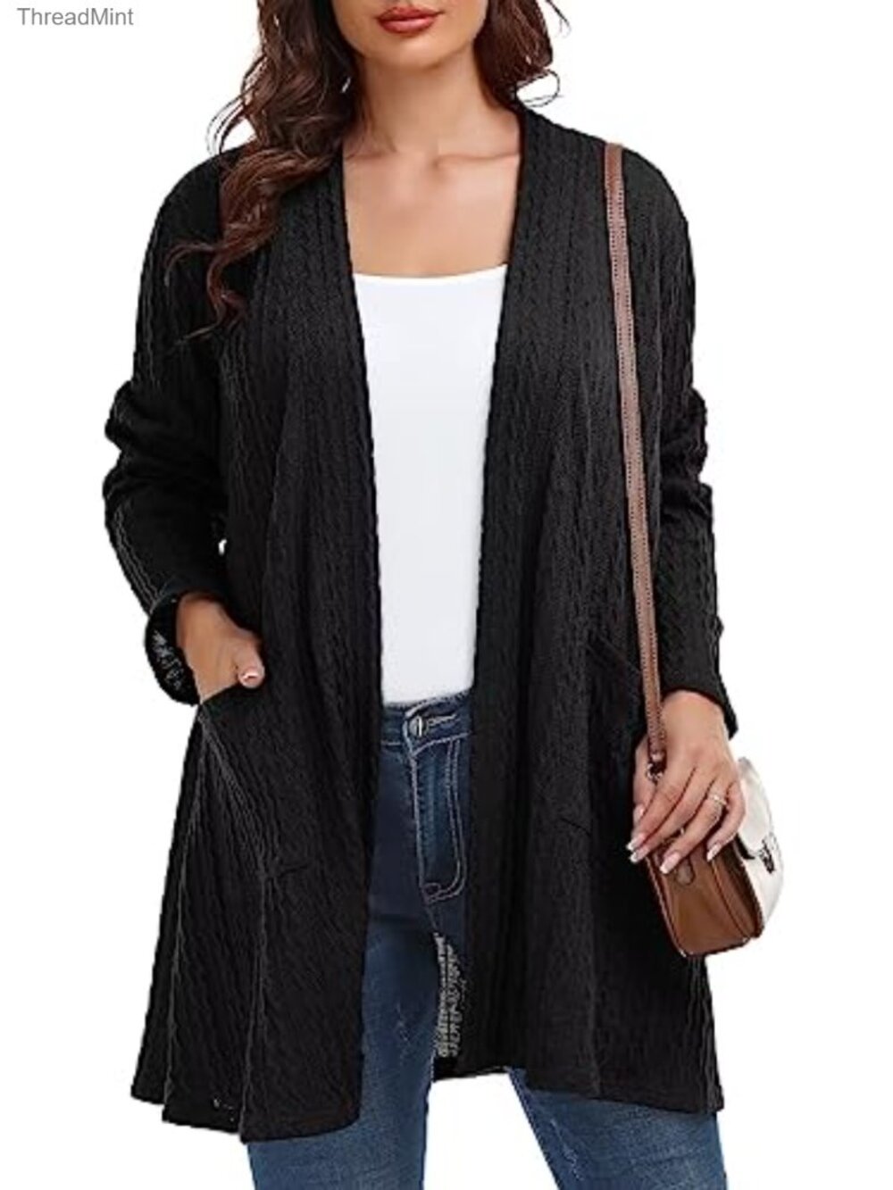 Plus Size Cable Knit Open Front Cardigan Sweater with Pockets